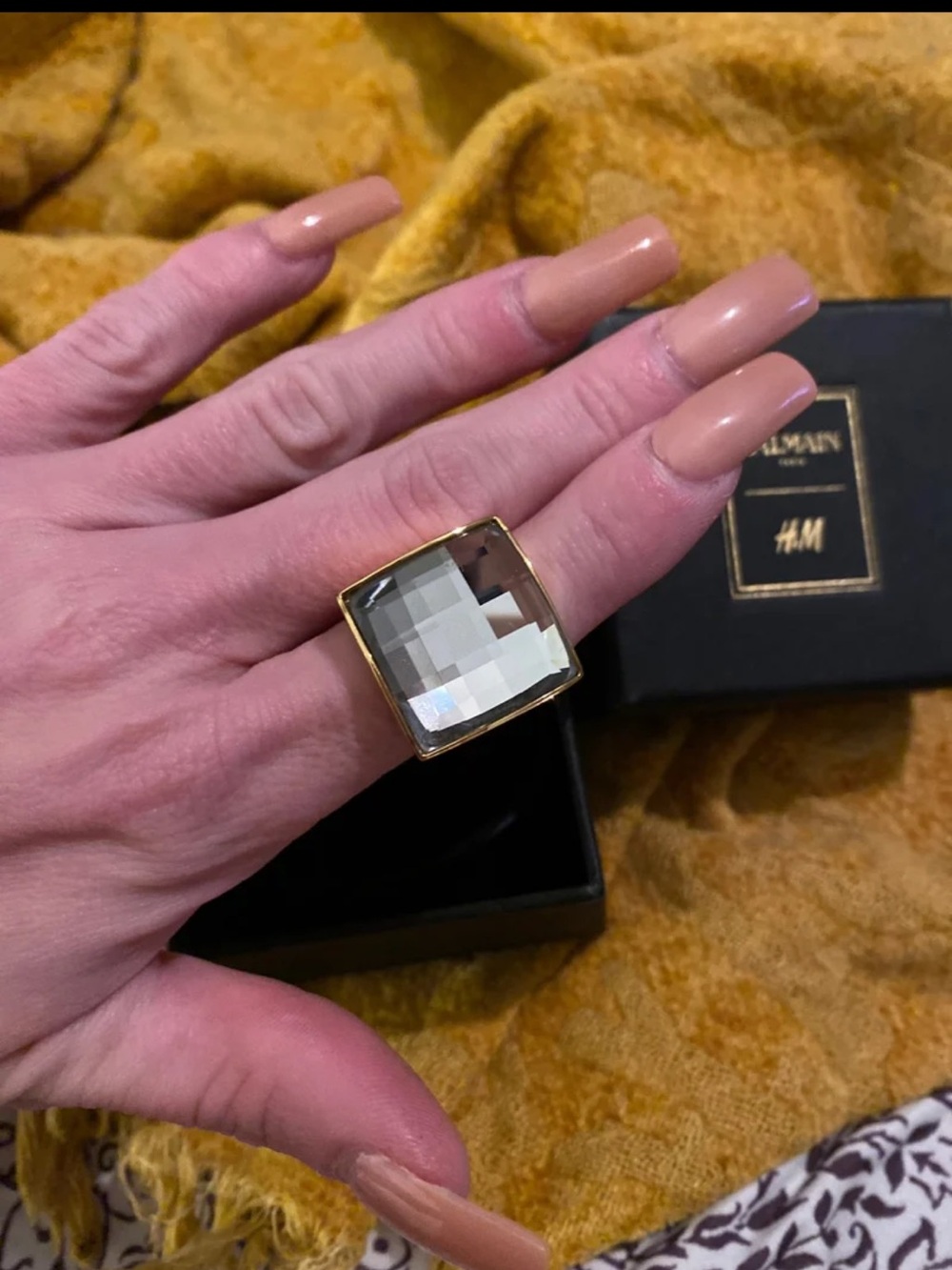 Balmain Gold-Tone Ring with Clear Faceted Crystal